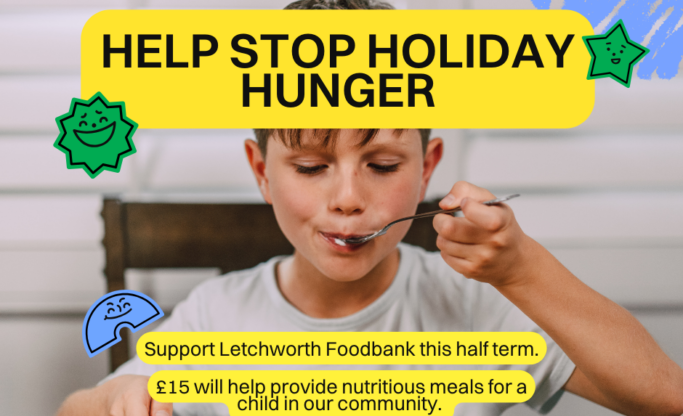 Image of a white, boy eating pancakes at a table. With the words Help Stop Holiday Hunger.