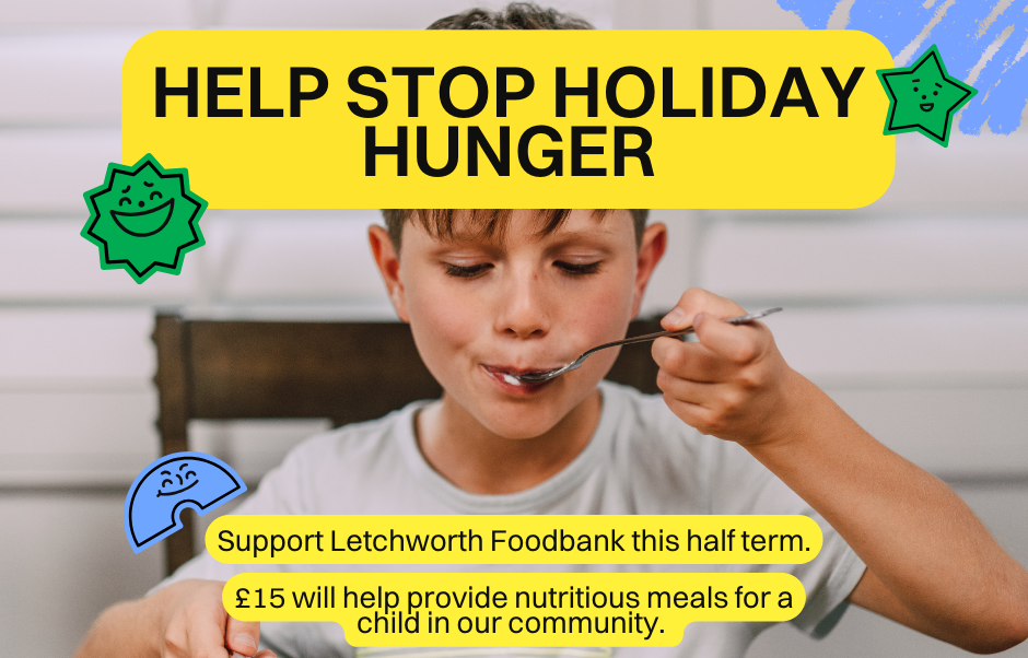 Image of a white, boy eating pancakes at a table. With the words Help Stop Holiday Hunger.